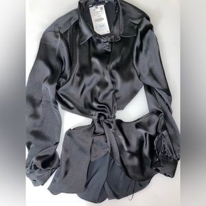 Black satin effect cut out blouse